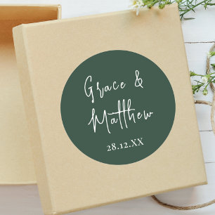 Pegatina Redonda Favor de Boda Personalizado Verde Esmeralda Clásic