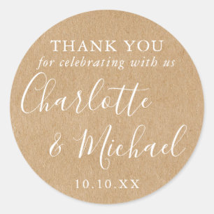 Pegatina Redonda Favor de boda Rustic Kraft Signature agradecimient