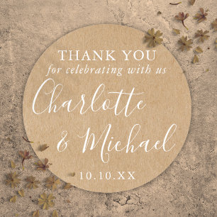 Pegatina Redonda Favor de boda Rustic Kraft Signature agradecimient