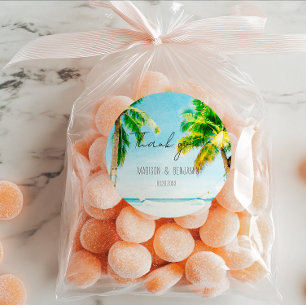 Pegatina Redonda Favor de Boda Tropical de Playa Retro