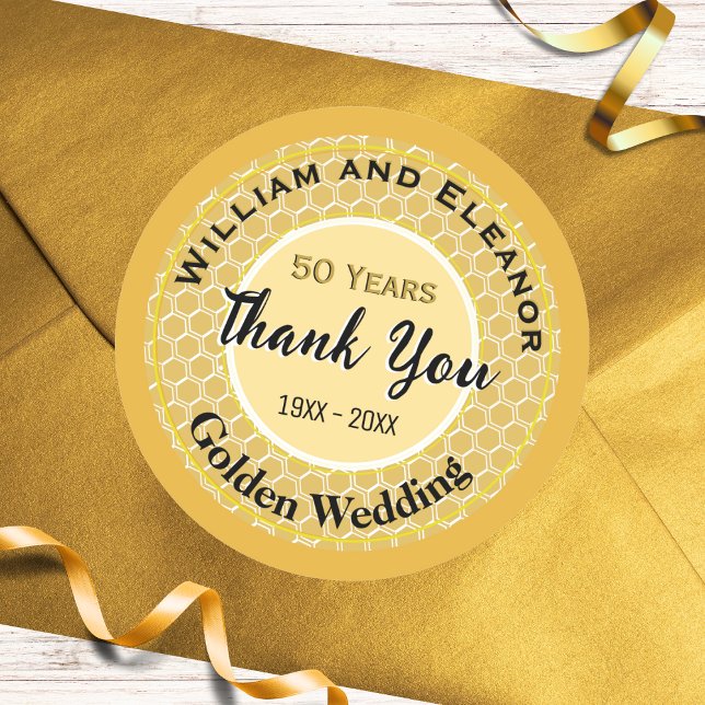 Pegatina Redonda Favor de Bodas de Oro 50 Aniversario Agradecimient (A sticker for a 50th (Golden) Wedding Anniversary with Thank You message, for envelopes, favors etc.)