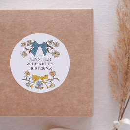 Pegatina Redonda Favor de Boho Blue Yellow Ribbons Floral Wedding