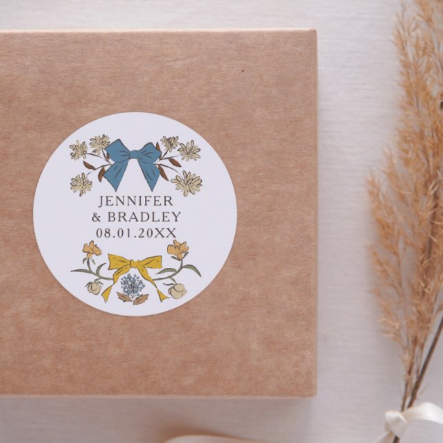 Pegatina Redonda Favor de Boho Blue Yellow Ribbons Floral Wedding (Subido por el creador)