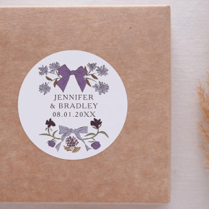 Pegatina Redonda Favor de Boho Lilac Ribbons de Boda Floral