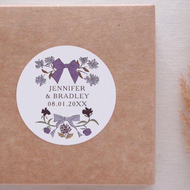 Pegatina Redonda Favor de Boho Lilac Ribbons de Boda Floral (Subido por el creador)