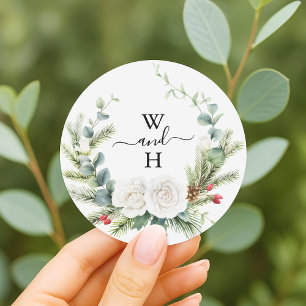 Pegatina Redonda Favor de Boho Monogram Winter Greenery Wedding