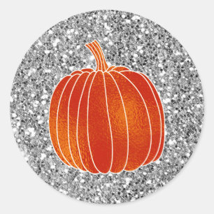 Pegatina Redonda Favor de calabaza de otoño naranja brillante con b