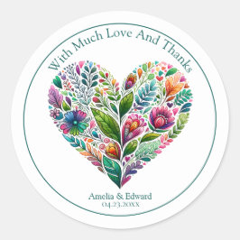 Pegatina Redonda Favor de corazón floral colorido "Gracias"