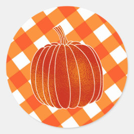 Pegatina Redonda Favor de cuadros de calabaza de otoño naranja bril
