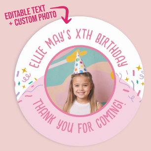 Pegatina Redonda Favor de cumpleaños con foto personalizada para cu