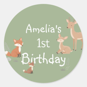 Pegatina Redonda Favor de Cumpleaños de Animal del Bosque