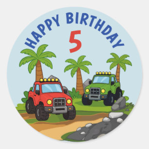 Pegatina Redonda Favor de cumpleaños de camión monstruo todoterreno