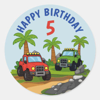 Pegatina Redonda Favor de cumpleaños de camión monstruo todoterreno