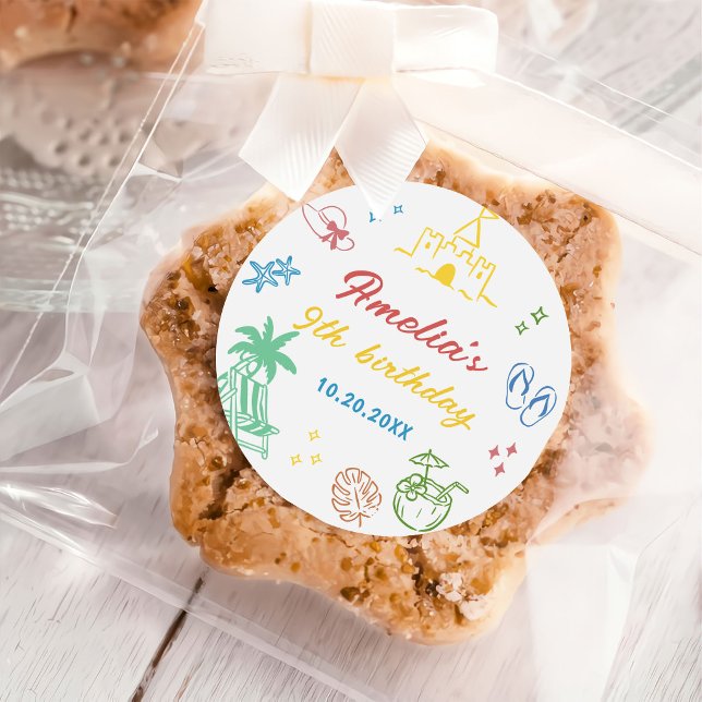 Pegatina Redonda Favor de cumpleaños de chica de playa de verano (Subido por el creador)