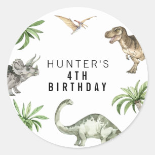 Pegatina Redonda Favor de cumpleaños de dinosaurio jurásico acuarel