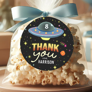 Pegatina Redonda Favor de cumpleaños de espacio genial de neón para