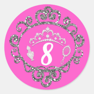 Pegatina Redonda Favor de Cumpleaños de la Princesa de Purpurina Pl