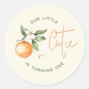 Pegatina Redonda Favor de cumpleaños de naranja cítrico Little Cuti