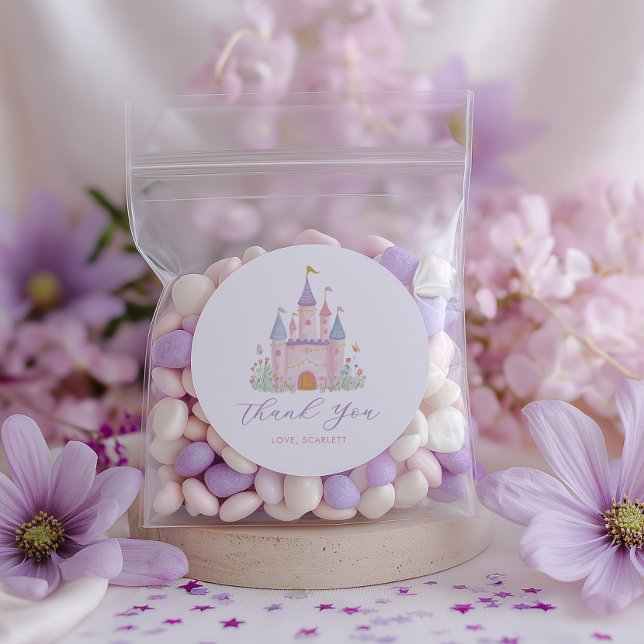 Pegatina Redonda Favor de cumpleaños de princesa Castillo Encantado (Princess Castle Favor Stickers)