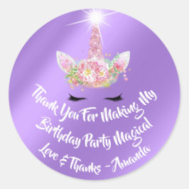 Pegatina Redonda Favor de cumpleaños de Unicornio Chispa rosa Flora