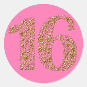 Pegatina Redonda Favor de cumpleaños dieciséis Gold Glam16