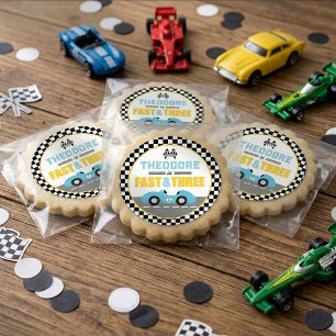 Pegatina Redonda Favor de cumpleaños número 3 de coche de carreras 
