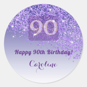 Pegatina Redonda Favor de cumpleaños número 90 con brillo morado el