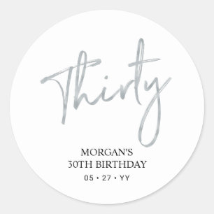 Pegatina Redonda Favor de cumpleaños número treinta 30 de plata y b