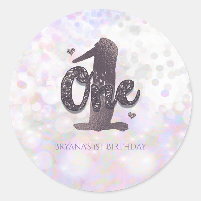 Pegatina Redonda Favor de cumpleaños número uno Iridescent Sparkle (Anverso)