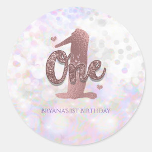 Pegatina Redonda Favor de cumpleaños número uno Iridescent Sparkle 