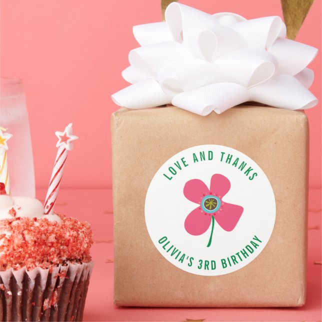 Pegatina Redonda Favor de cumpleaños para niñas Chic Pink Daisy Pop (Fiesta)