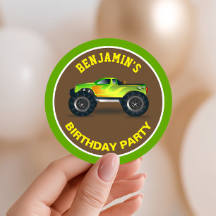 Pegatina Redonda Favor de cumpleaños para niños de camión monstruo 