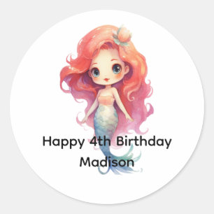 Pegatina Redonda Favor de cumpleaños personalizado para niñas siren
