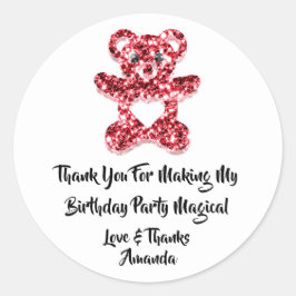 Pegatina Redonda Favor de CumpleañosPurpurina Rojo Corazón Bebé Oso