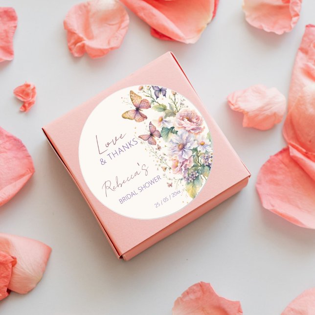 Pegatina Redonda Favor de desayuno nupcial floral de Mariposas de p (Lifetime of Butterflies floral spring summer bridal shower thank you favor Stickers)
