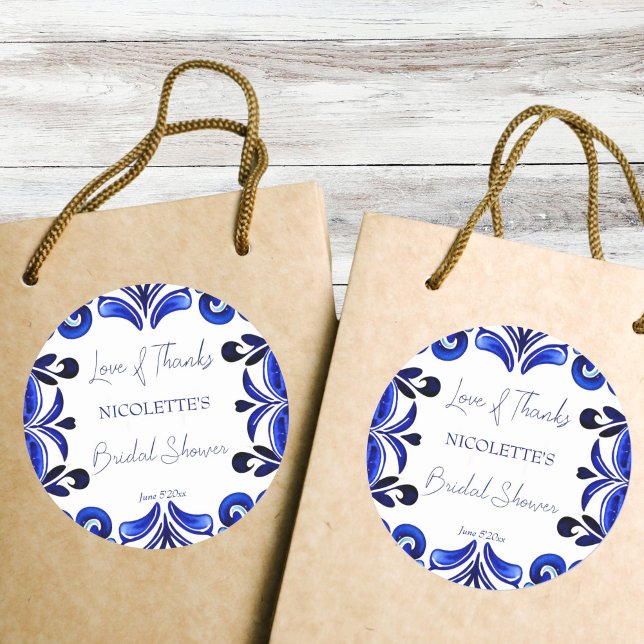 Pegatina Redonda Favor de despedida de soltera con azulejo mediterr (French Blue Mediterranean tile bridal shower thank you favor Stickers Mexican Spanish folk art)