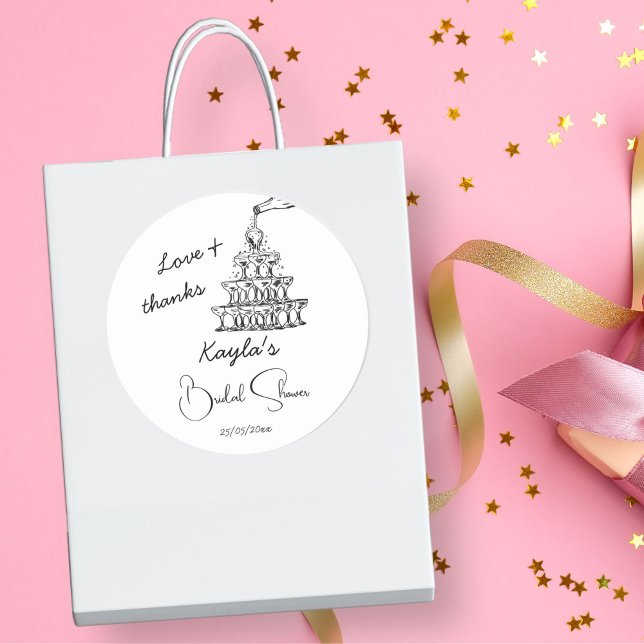 Pegatina Redonda Favor de despedida de soltera con torre de champán (Hand drawn scribble champagne tower black and white minimalist bridal shower thank you favor sticker)