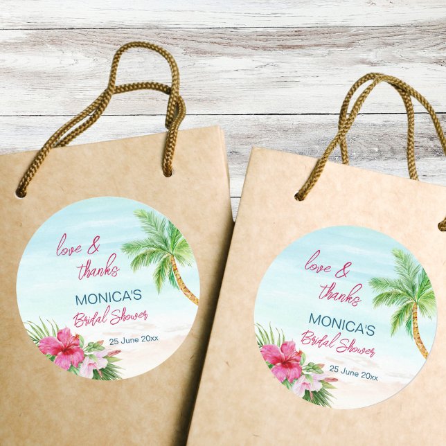 Pegatina Redonda Favor de despedida de soltera tropical de verano e (Summer beach tropical bridal shower thank you favor stickers pink hibiscus palm trees ocean)