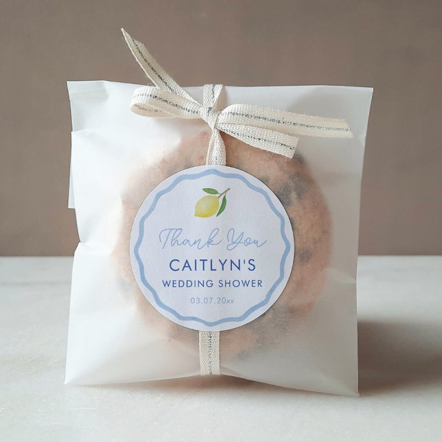 Pegatina Redonda Favor de ducha Boho Wavy Line Citrus Lemon Wedding (Boho pale blue wavy border with watercolor lemon circular favor thank you sticker)