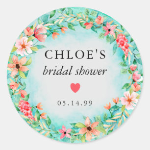 Pegatina Redonda Favor De Ducha Bridal De Corazón Floral Rosa