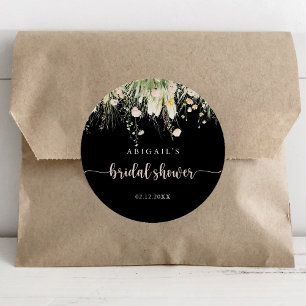 Pegatina Redonda Favor de ducha de boda boho wildflower negro
