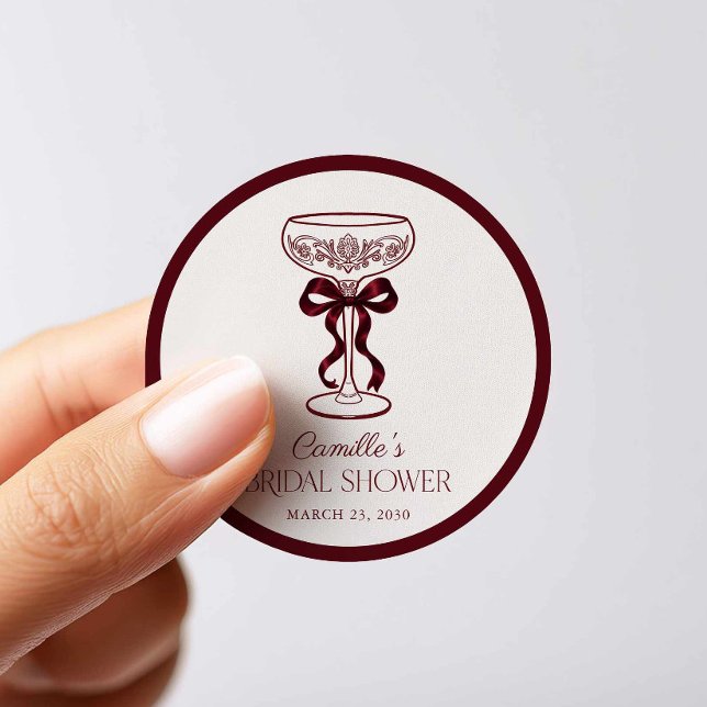 Pegatina Redonda Favor de ducha de boda de champán (Champagne Burgundy Bow Bridal Shower Sticker )
