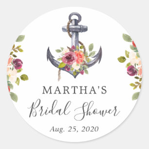 Pegatina Redonda Favor de ducha de boda floral ancla náutica femeni