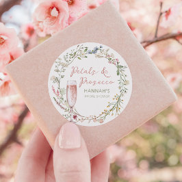 Pegatina Redonda Favor de Ducha de Boda Pétalos y Prosecco