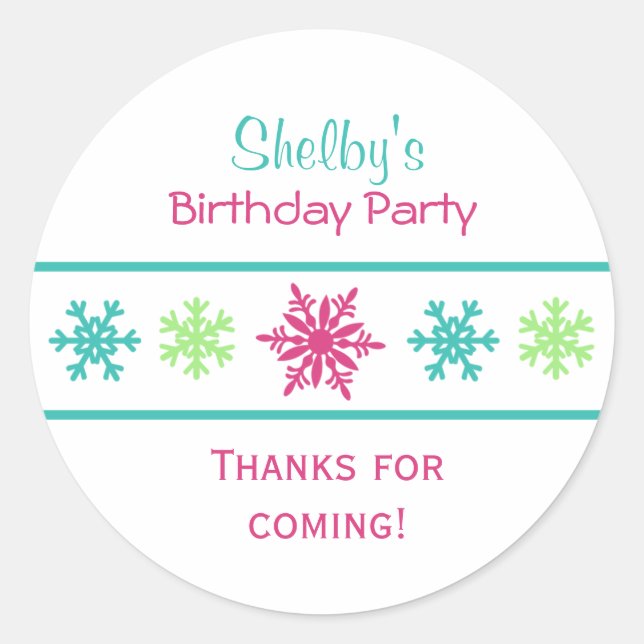 Pegatina Redonda Favor de fiesta de cumpleaños de copas de nieve cú (Anverso)