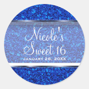 Pegatina Redonda Favor de fiesta personalizado Blue Glitter Glam Sw