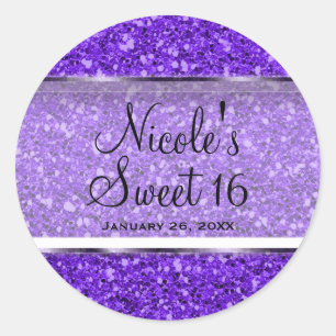 Pegatina Redonda Favor de fiesta personalizado Purple Glitter Glam