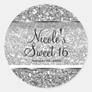 Pegatina Redonda Favor de fiesta personalizado Silver Glitter Glam 