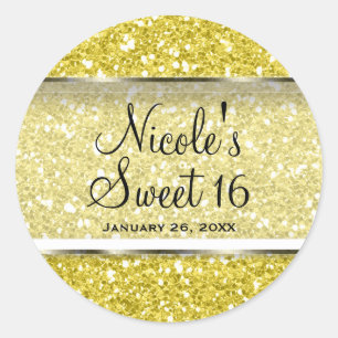 Pegatina Redonda Favor de fiesta personalizado Sweet 16 brillo glam