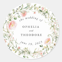 Pegatina Redonda Favor de la boda de color rosa de las flores silve